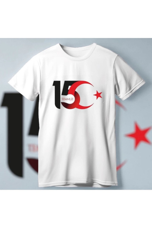 MDB 15 Temmuza Özel Tasarım Ay Yıldız Baskılı Tshirt Beyaz