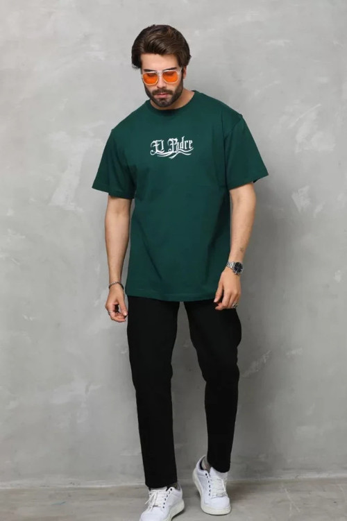MDB Unisex Bisiklet Yaka Baskılı Oversize Thirt Yeşil