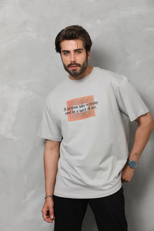 MDB Unisex Bisiklet Yaka Baskılı Oversize Thirt Gri