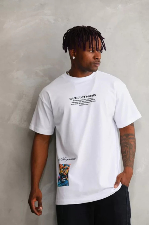MDB Unisex Bisiklet Yaka Baskılı Oversize Thirt Beyaz