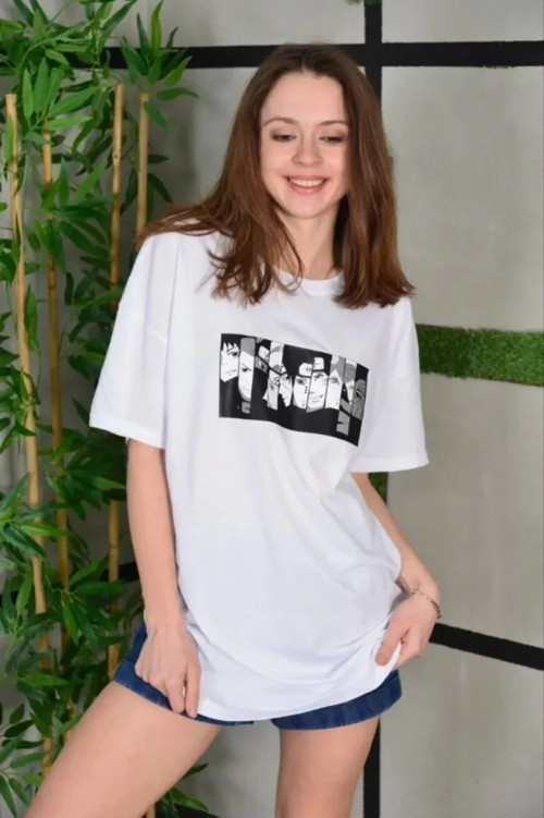 MDB Unisex Bisiklet Yaka Baskılı Oversize Thirt Beyaz