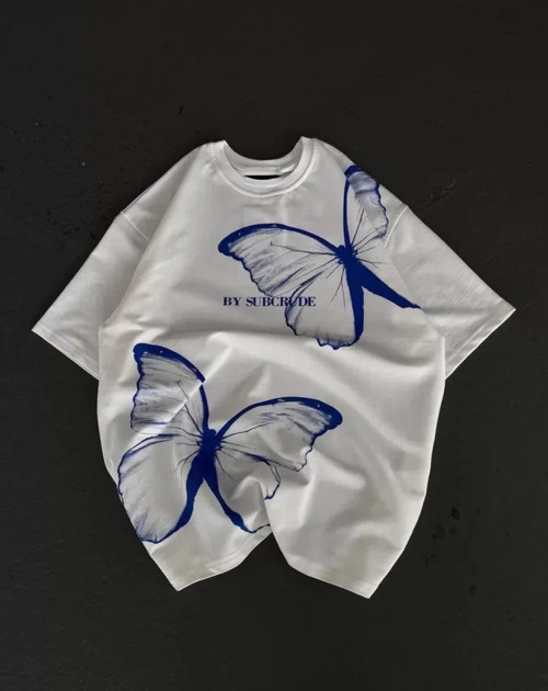 MDB Unisex Bisiklet Yaka Baskılı Oversize Thirt Beyaz