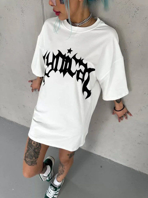 MDB Unisex Bisiklet Yaka Baskılı Oversize Thirt Beyaz