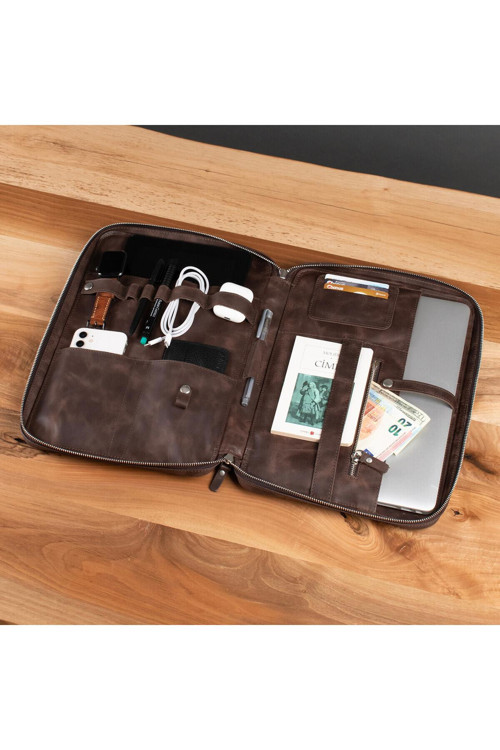 Hakiki Deri 14\" Organizer Laptop Çantası Kahverengi