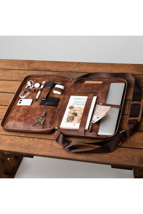 Hakiki Deri 14\" Organizer Laptop Çantası Taba