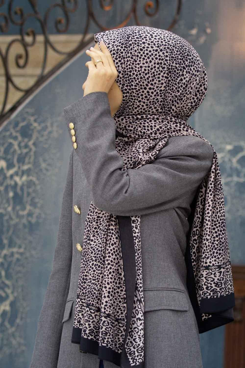 LÜKS MEDİNE İPEĞİ LEOPAR DESENLİ VİZON RENKLİ 75X195 KIRIŞMAZ ŞAL MOSS KREP DİKİŞ TİPİ İTALYAN DİKİŞLİ