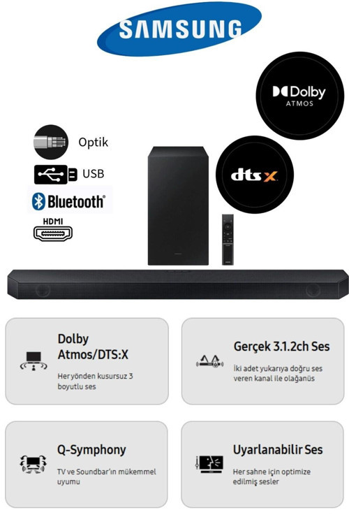 Q-Symphony, maksimum akustik etki Q Serisi Dolby Atmos ve DTS:X özellikli 360Waat Premium Soundbar