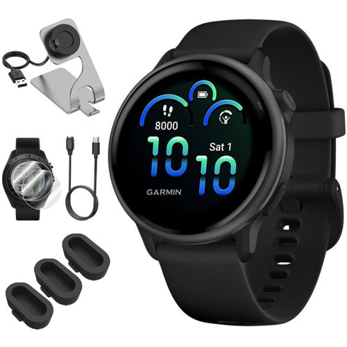 010-02985-00 VIVOACTIVE 6 Sağlık ve Fitness GPS Akıllı Saat, Siyah Silikon Bantlı Paket, Deco Essentials Şarj Ünitesi, USB Tip C Şarj Cihazı...