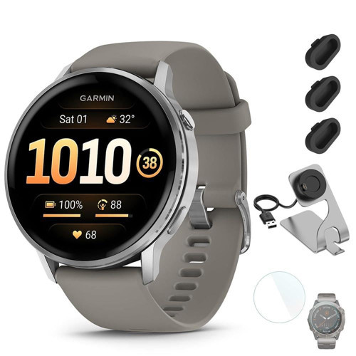Venu 4 (45 mm) Akıllı Saat – GPS, AMOLED, Uyku Koçu, Gövde Pili – Gümüş Gri Bant Paketi ve Deco Essentials Şarj Ünitesi, 3 Parça...
