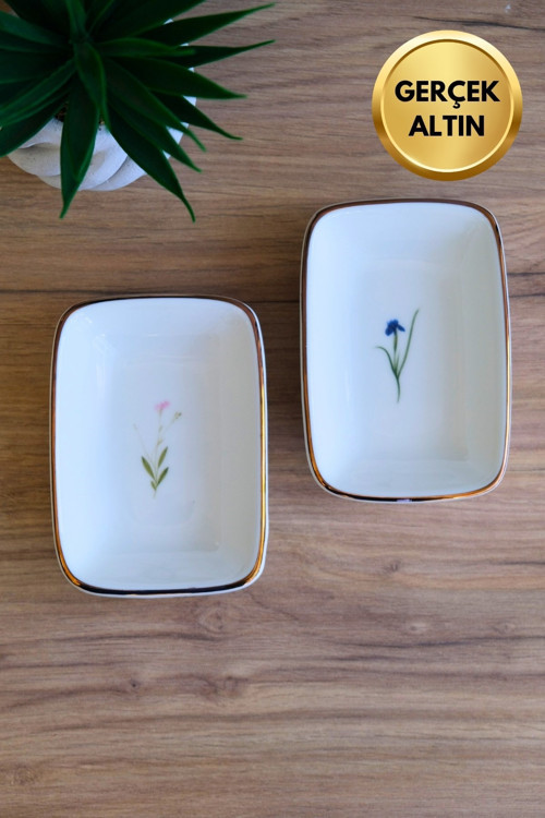 Porselen Natura Karma Altın Yaldızlı Dikdörtgen Kayık Tabak 10x7x2cm 2 li