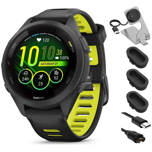 010-02810-03 Forerunner 265S GPS Smartwatch Siyah/Amp Sarı Paket, Deco Essentials Şarj İstasyonu, Silikon Toz Kapağı 3 Paketi ve USB Tipi...