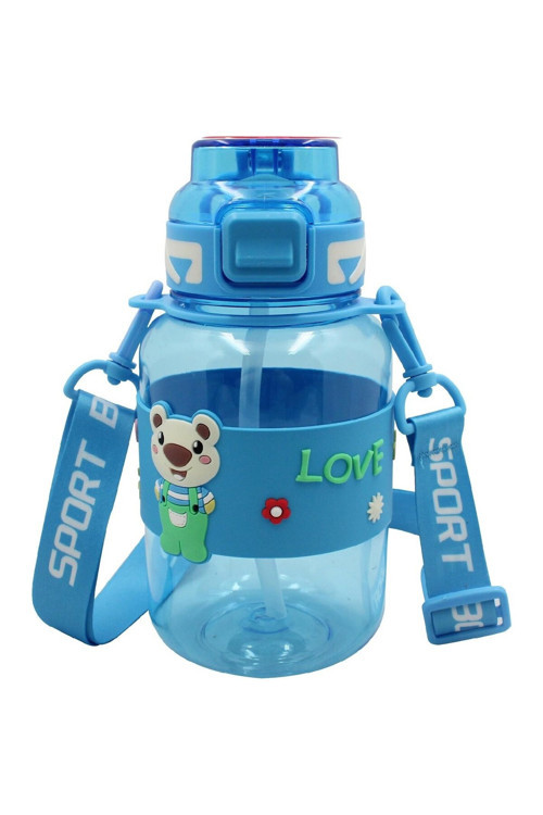 Kids Kilitli Kapak Pipetli Askılı Ayıcıklı Matara 800 Ml Mavi