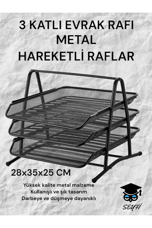 3 Katlı Metal Evrak Rafı Perfore Siyah Hareketli Raflar