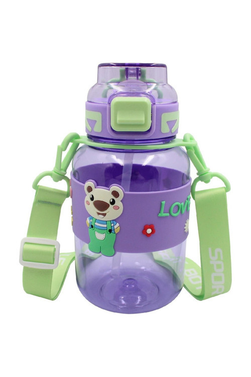 Kids Kilitli Kapak Pipetli Askılı Ayıcıklı Matara 800 Ml Mor