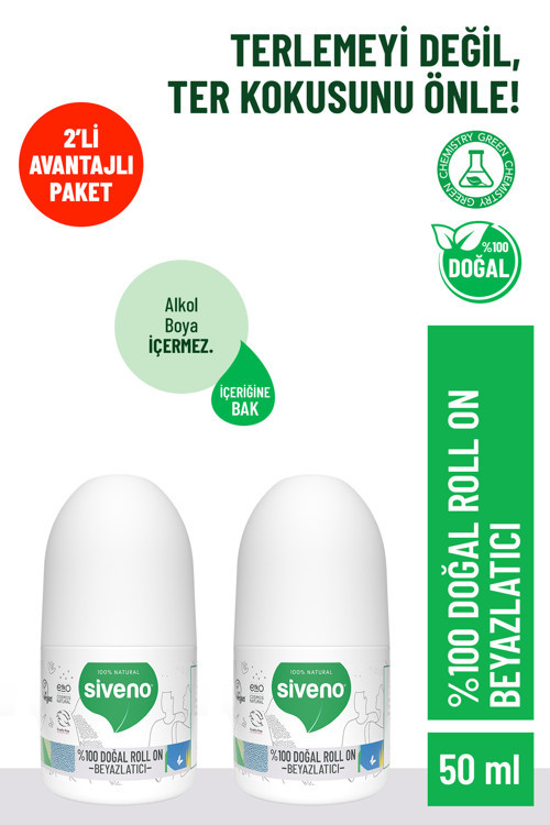 %100 Doğal Roll-On Beyazlatıcı Etkili Deodorant Ter Kokusu Önleyici Bitkisel Lekesiz 50 Ml X2 Adet