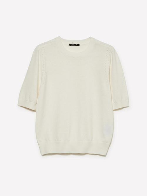 Pamuk ve Yün Karışımlı Ribana Yaka Kısa Kollu Kazak Kadın Krem Kazak - 325A1SBXM106L