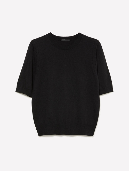 Pamuk ve Yün Karışımlı Ribana Yaka Kısa Kollu Kazak Kadın Siyah Kazak - 325A1SBXM106L