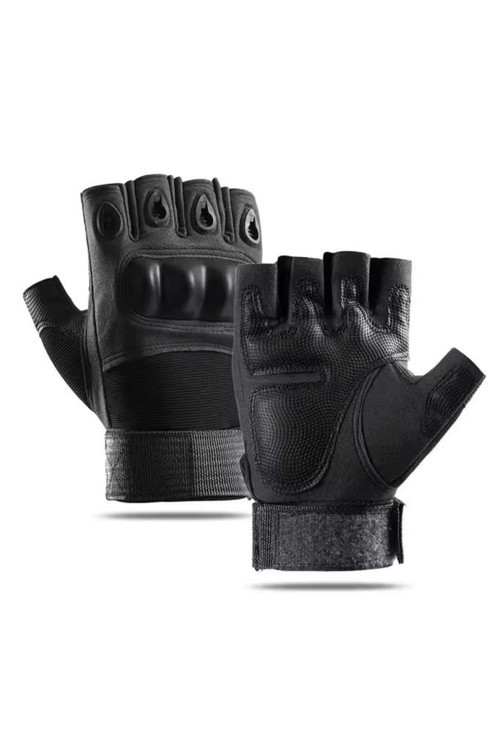 Yarım/Kesik Parmak Eklem Korumalı Kaymaz Askeri Taktik Siyah Motorcu/Motosiklet/Bisiklet Eldiveni SİYAH