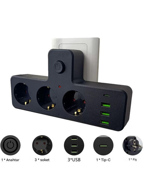 Akım Termal Çocuk Korumalı 3x Usb 1x Type-C Girişli 3lü Priz