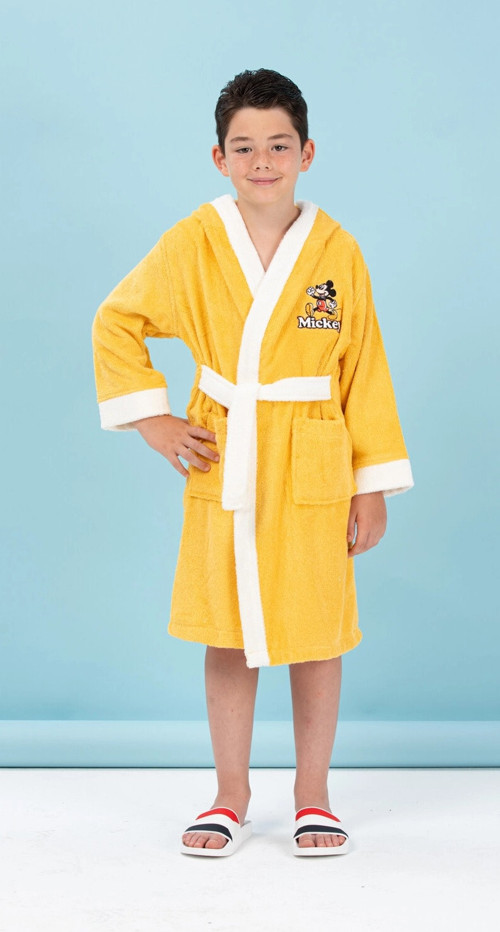 Lisanslı Kapüşonlu Çocuk Bornozu 7/8 Yaş-Mickey Mouse Happy Sarı