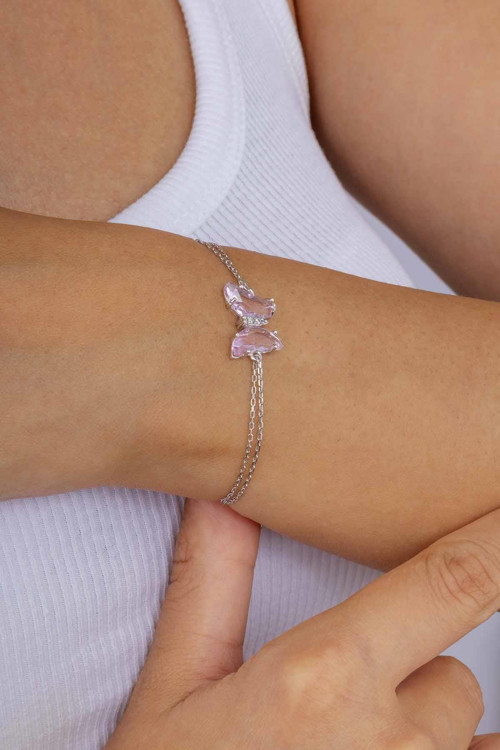 Pembe Taşlı Kelebek Gümüş Bileklik
