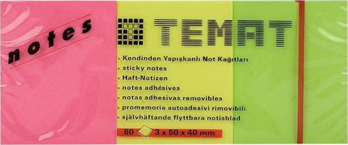Temat 3x50x40 Yapışkanlı Not Kağıdı 80 Yaprak 3 Renk