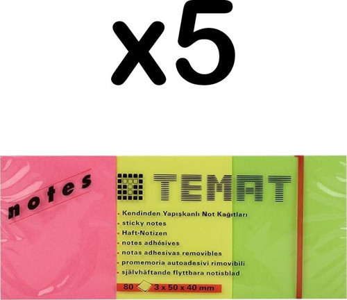 Temat 3x50x40 Yapışkanlı Not Kağıdı 80 Yaprak 3 Renk 5 Adet