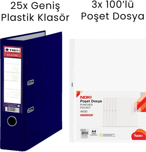 25 Adet Tigra Geniş Klasör 3 Adet Noki 100'lü Poşet Dosya Ofis Seti