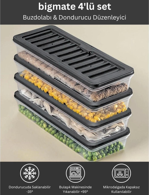 4'lü Şeffaf Saklama Kabı Siyah 4x1 Lt BGMT1515 Mikrodalga Buzdolabı ve Dondurucu Uyumlu Düze