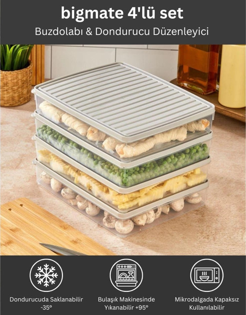 4'lü Şeffaf Saklama Kabı Gri 4x2,5 Lt BGMT2525 Mikrodalga Buzdolabı ve Dondurucu Uyumlu Düze