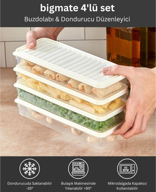 4'lü Şeffaf Saklama Kabı Beyaz 4x1 Lt BGMT1515 Mikrodalga Buzdolabı ve Dondurucu Uyumlu Düze