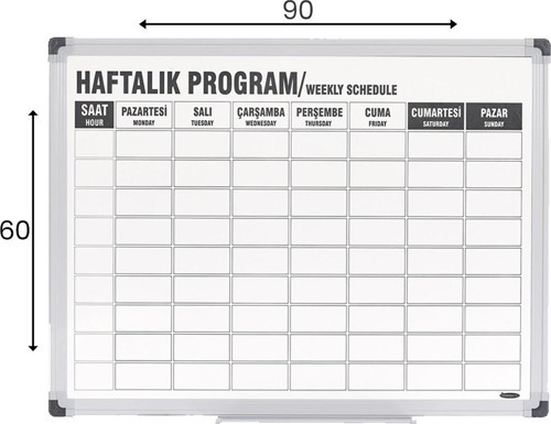 İnterpano 60x90 Haftalık Ders Programı Panosu Duvara Monte Alüminyum Çerçeve