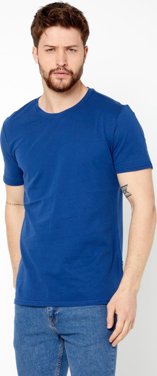 Erkek İndigo Slim Fit Pamuklu Kısa Kollu Bisiklet Yaka T-shirt