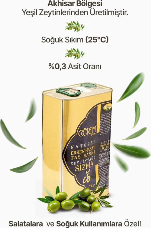 Taze Erken Hasat Taş Baskı Sızma Zeytinyağı 3 Lt