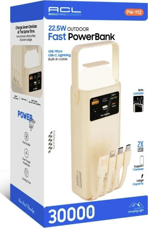 PW-112 22.5W Outdoor Hızlı Şarj Powerbank Beyaz – 30.000mAh Kapasite, Çoklu USB Çıkış, Dahili Kablo