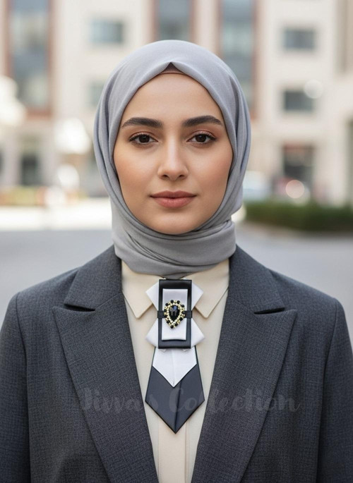 Kadın Fiyonk-Beyaz Siyah. Parlayan Taş Detaylı. Boyun Askısı Çıkarılabilir