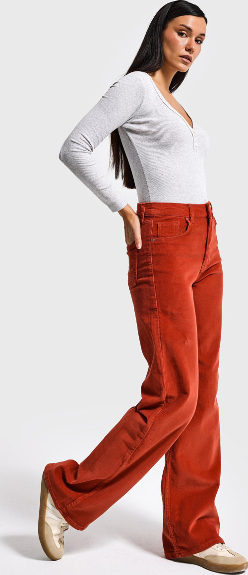 Kadın Kiremit Renk 26w5-104 İnce Fitilli Kadife Kumaş Straight Fit Pantolon
