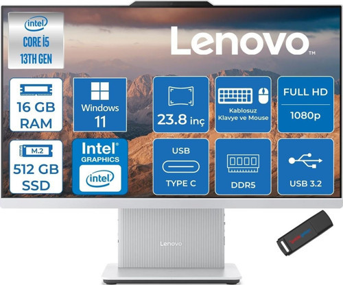 Ideacentre Aıo 24IRH9 Intel Core I5 13420H 16GB Ddr5 512GB SSD Windows 11 Pro UHD Graphics 23.8" Fullhd (1920X1080) IPS