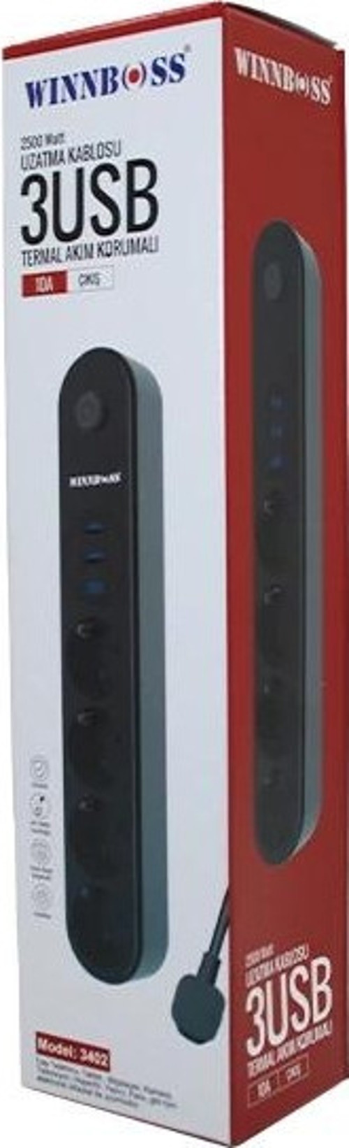 TERMAL AKIM KORUMALI 4LÜ PRİZ 3XUSB 2MT ANAHTARLI UZATMA KABLO SİYAH 10A - 2500W (5047)