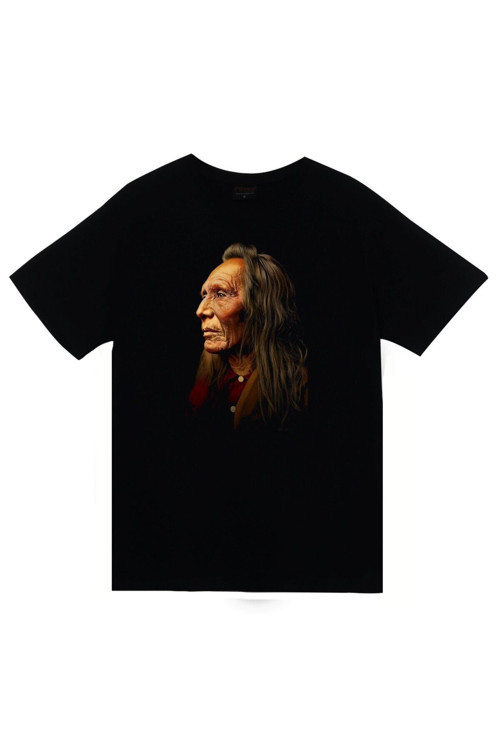 Kızılderili Baskılı Unisex %100 Pamuk Siyah T-shirt