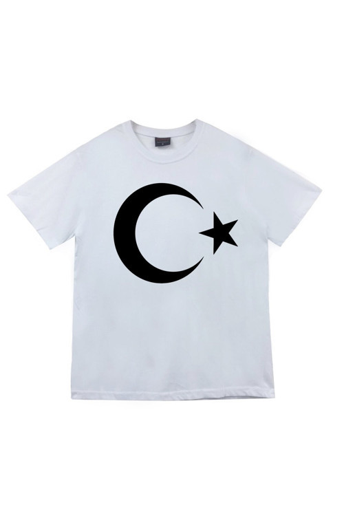 Unisex Beyaz Ay Yıldız Baskılı T-shirt