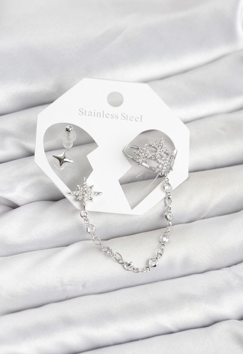 Kutup Yıldızı Model Pirinç Gümüş Renk Zincir Bağlantılı Ear Cuff Küpe Seti