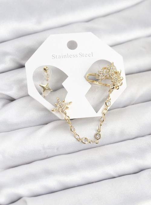 Kutup Yıldızı Model Pirinç Gold Renk Zincir Bağlantılı Ear Cuff Küpe Seti
