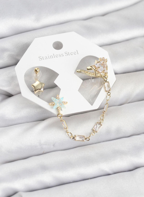 Yıldız Model Pirinç Gold Renk Zincir Bağlantılı Ear Cuff Küpe Seti