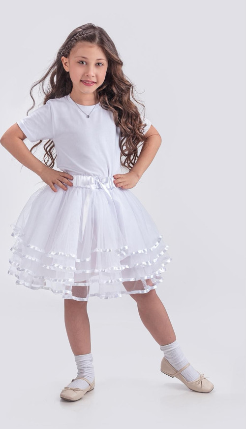 Kız Çocuk Kat Kat Parlak Şeritli Fiyonklu Tütü Etek M00781 BEYAZ