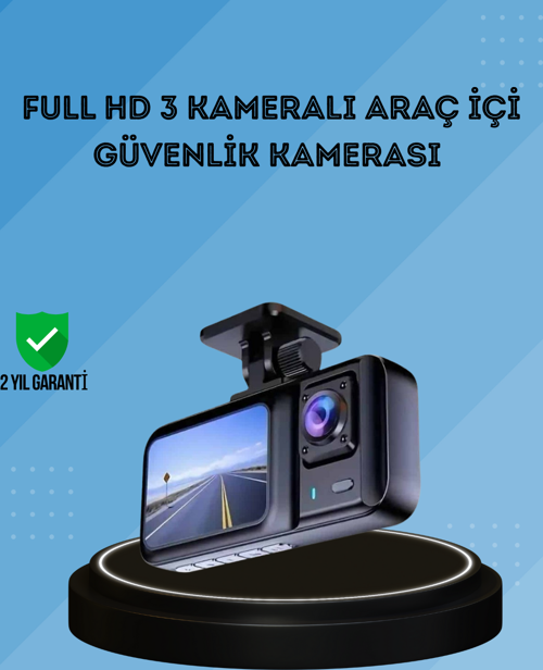 360° Kapsama Sahip Full HD Araç Kamerası 3’lü Kayıt Gece Görüşlü DashCam