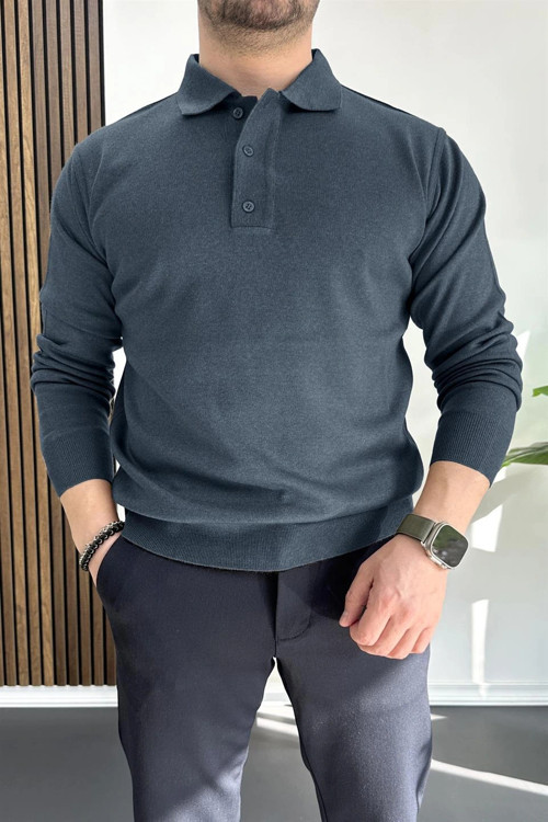 Erkek Düğmeli Polo Yaka Kazak İndigo Edw231