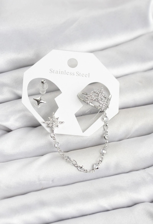 Kutup Yıldızı Model Pirinç Gümüş Renk Zincir Bağlantılı Ear Cuff Küpe Seti