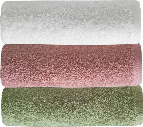 3 lü Düz Renk El Yüz Havlu Seti %100 Pamuklu 50x90 Cm Yeşil Gül Beyaz