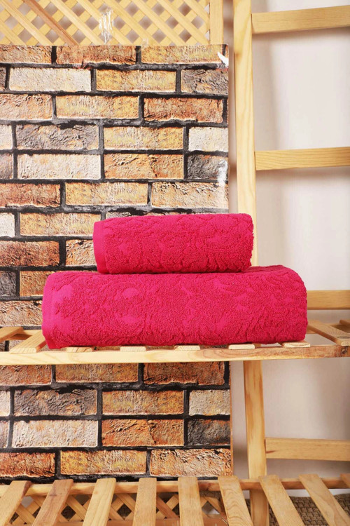 2 Parça Jakarlı Banyo Havlu Takımı Doku Desen Fuşya